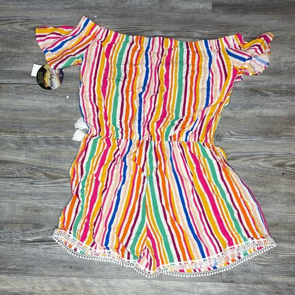 Bebop Women's Striped Short Off Shoulder Sleeve PomPom Trim Romper sz Jr's L - Picture 3 of 3